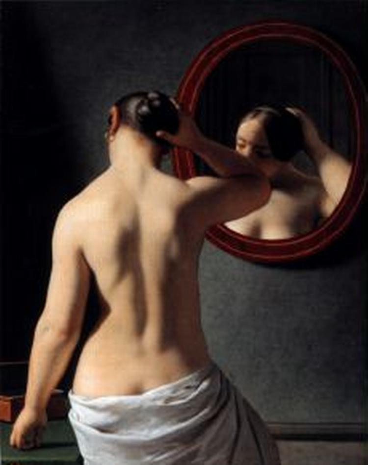 DET NØGNE. Eckersberg indførte brugen af nøgenmodel. Modellen Florentine i  Kvinde foran spejl , 1841.   Foto fra bogen: Den Hirschsprungske Samling 
