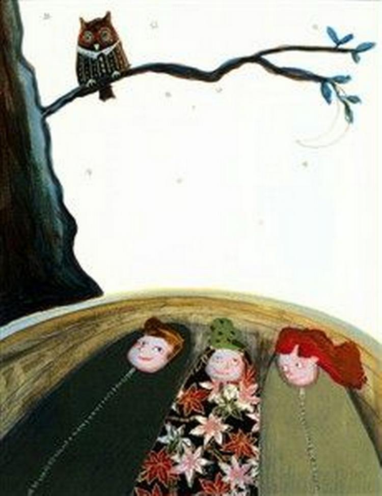 ÅBEN HIMMEL. Her ligger tre venner og kigger op i stjernehimlen. Den lyser for både rig og ikke-rig.   Tegning fra Maria Montells bog: Kamilla Christiansen 