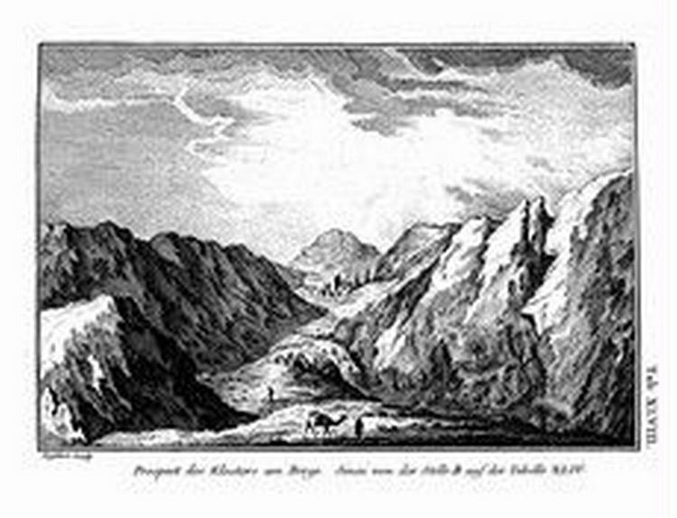 STOP. Her er ekspeditionens første mål: Sankt Katharina Klostret i Sinai   tegnet af Carsten Niebuhr, som slet ikke var tegner. 