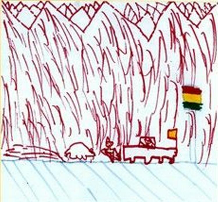 STOP! Hos Ibrahim på 11 år troner de kurdiske bjerge i billedet. Den lille episode i forgrunden forklares ikke. Er det et hold-up eller en punktering? 