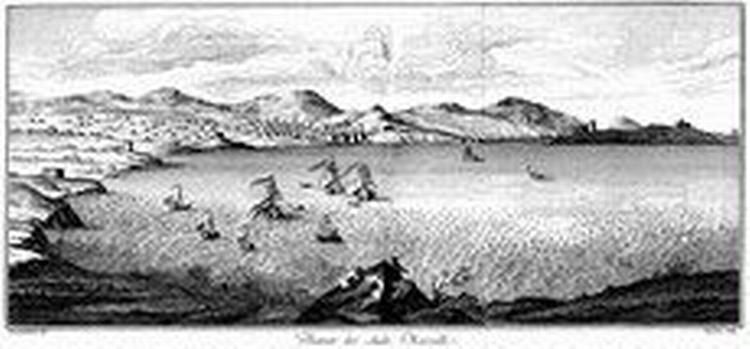 UDSIGT. Prospekt af havnen i Marseille tegnet af G.W. Baurenfeind, ekspeditionens tegner som døde på Det Arabiske Hav i 1763.A! 