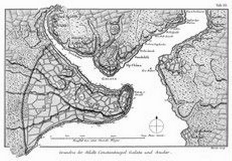 KONSTANTINOPEL. Carsten Niebuhr var hønesyg under hele opholdet i Konstantinopel, så han fik ikke udrettet meget. Men på hjemrejsen som eneste overlevende fem år senere var han kampklar og tegnede dette grundrids af Konstantinopel. 
