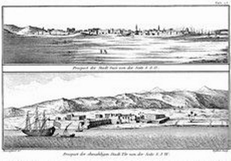 OVERBLIK. Ekspeditionens tegner, G.W. Baurenfeind, lå syg i Suez, mens Niebuhr og von Haven drog ud i Sinai. Så han havde god tid til at tegne dette prospekt over byen ved Det Røde Hav. 