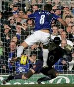 Evertons James Beattie sender bolden ind bag Arsenals målmand. - Foto: AP 