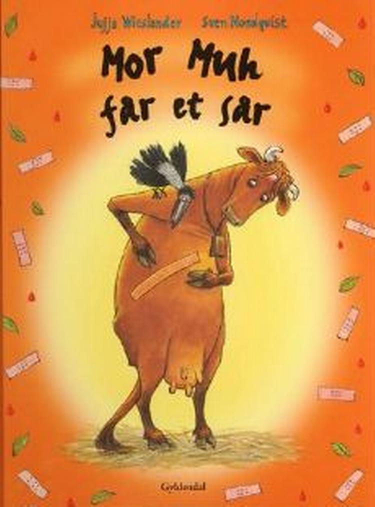 DYRESNAK. Mor Muh søger hjælp mod bulen i panden hos sin ven Krage.   Tegning fra bogen af Sven Nordqvist. 