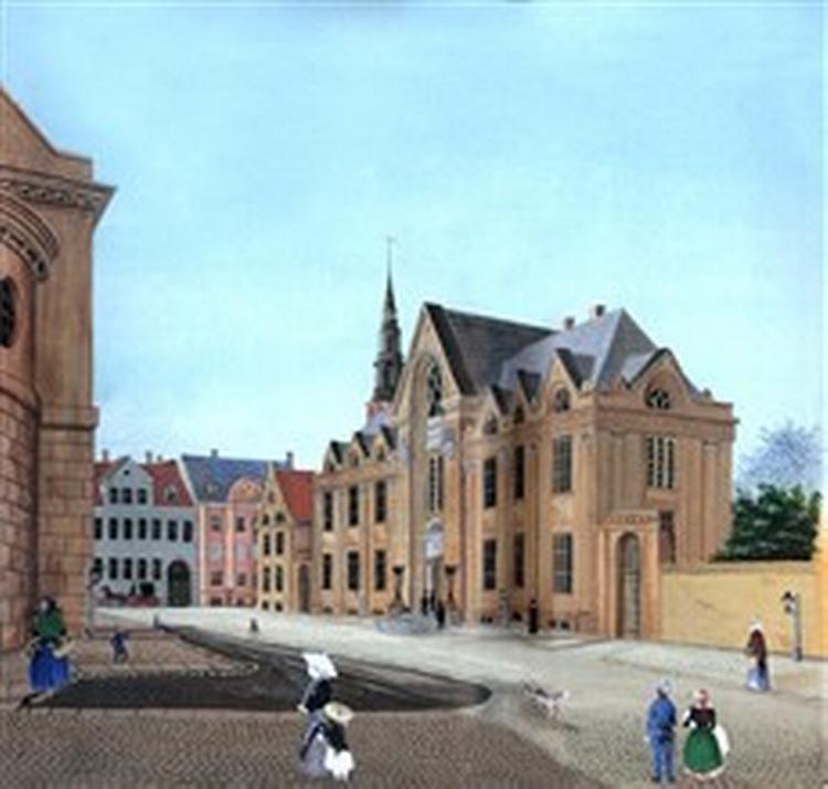 PARAGRAFFER. Københavns Universitets nye hovedbygning, tegnet af Peter Malling, blev opført i årene 1826 - 39. Det er stadig her, en stor del af de kommende jurister bliver undervist. - Gengivelse fra bogen af P.C. Rosengreens gouache fra ca. 1860. 