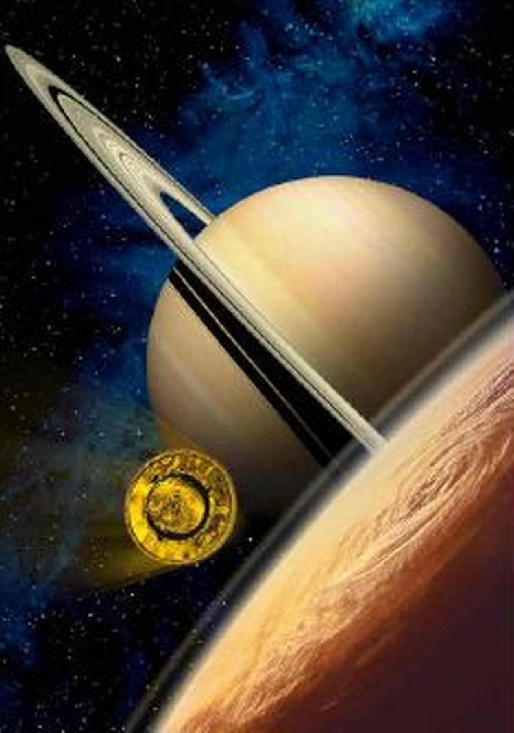 Et forskerhold mener, at en asteroide kan have slynget levende organismer fra Jorden op til Saturns største måne Titan - Fotomanipulation: AP 