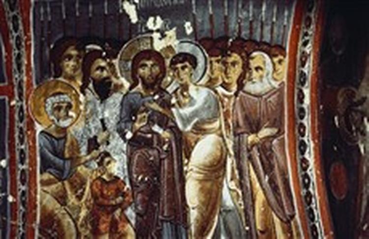 På dette byzantinske freskomaleri gør Judas sig klar til at give Kristus det forræderiske kys. - Foto: Otis Imboden/National Geographic Society 
