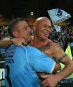 Randers FC's Ralf Pedersen og Stig Tøfting jubler efter 1-1 kampen mod AaB, der bringer randhusianerne i deres første pokalfinale, siden de vandt i 1973. - Foto: Ole Kjær 