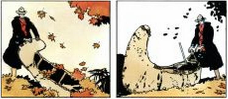 BILLEDPOET. I sin måde at kombinere kulsort tusch med en farvelægning koncentreret omkring falmet løv, rødfrakker og sne, er 'Jesuit Joe' visuelt meget vellykket. - Illustration: Hugo Pratt 