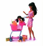 MED PÅ VOGNEN. Legetøjsfirmaet Mattel har produceret mindst syv æsker, hvor dukken Barbie er på powershopping. Dukken her er Let s Grocery Shop Barbie.   Illustration: Alan Hill 