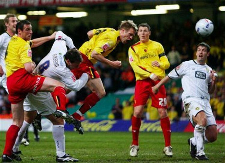 Jay DeMerit (i midten) bragte Watford på sejrskurs. - Foto: AP. 