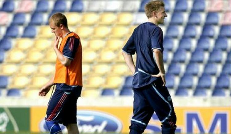 Morten Rasmussen og Nicklas Bendtner kæmpen om pladsen som førsteangriber på U21-landsholdet. - Foto: Thomas Wilmann. 
