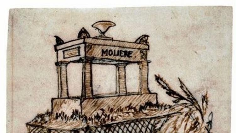 KOLLEGAS GRAV. Under et besøg i Frankrig beså og tegnede H.C.Andersen den store franske dramatiker Molieres gravsted på Pére Lachaise-kirkegården i Paris. - Illustration fra bogen: H-C-Andersen 