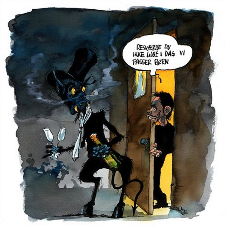 De danske satanister har ikke tid til at fejre den sorte tirsdag. - Tegning: Roald Als 