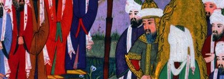 Anstændigt. Muhammed ses afbildet med slør for ansigtet i denne osmanniske miniature fra slutningen af 1500-tallet. Udsnit af omslagsillustration til antologien 'Gudebilleder'. - Omslag: Mikkel Henssel / trefold. 