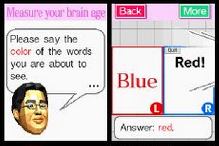 Nintendos 'Brain Training'-spil har startet en ny spilgenre, der aktivt udfordrer spillernes hjerner. Her en test fra 'Brain Training', hvor man på tid skal sige farven på ordene - og ikke ordene selv. 