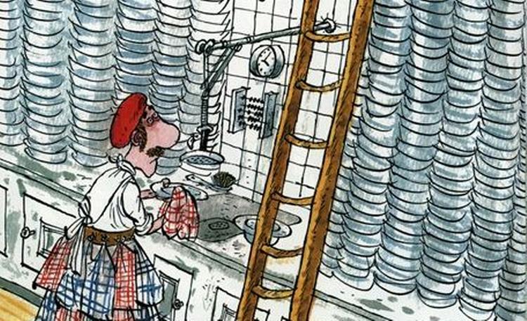 PÅ MED VANTEN. Opvaskeren her har ikke holdt frokostpause i fjorten år. På billedet man ser hvorfor. Peter Malherbes Jensen har tegnet og Bodil El Jørgensen fortalt den skønne historie om det muntre køkken . - Illustration fra bogen. 