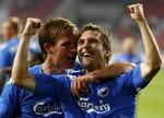 Glæden lyser ud af Michael Silberbauer efter scoringen til 1-0. - Foto: AP 