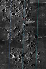 Billeder fra ’European Space Agency’ viser nedslagsstedet på månen for SMART-1 (rødt felt i midten). Månefartøjet har undersøgt månens overflade og afprøvet avanceret teknologi før andre ekspeditioner. 