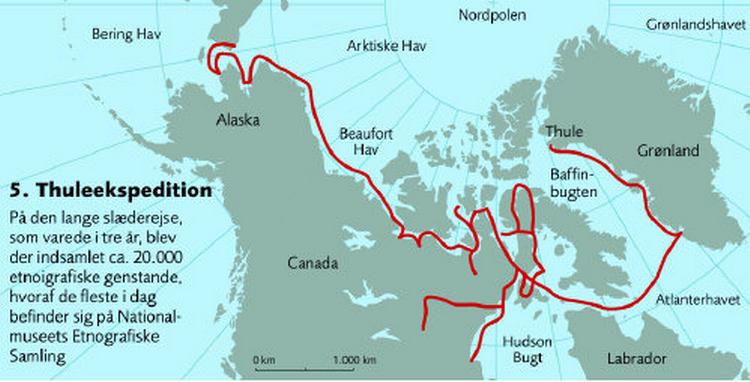 Slæderejse. På 5. Thuleekspedition ville Knud Rasmussen rejse tværs over Nordamerika til Alaska for at finde spor efter eskimoernes vandring. Ekspeditionen fra 1921-24 kaldes ofte verdens længste slæderejse. 