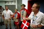 Jesper Frigast Larsen (th.) var chef de mission i Athen for to år siden, da Joachim B. Olsen, Mette Schjoldager og Jens Eriksen var blandt medaljevinderne. 