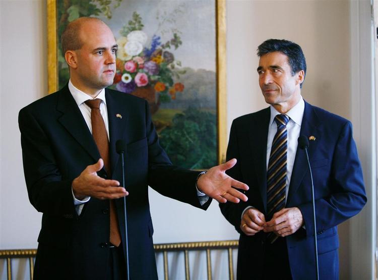Anders Fogh i selskab med sin svenske kollega Fredrik Reinfeldt under fredagens topmøde. 