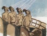 SKØNSANG. Hans Lynge var en yderst alsidig kunstner og debattør. Hans farvelinoleumssnit fra cirka 1980 hedder Den flyvende konebåd. Og er trykt på rispapir. Illustration fra bogen