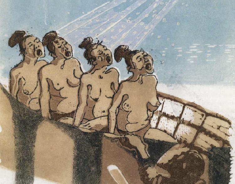 SKØNSANG. Hans Lynge var en yderst alsidig kunstner og debattør. Hans farvelinoleumssnit fra cirka 1980 hedder Den flyvende konebåd. Og er trykt på rispapir. Illustration fra bogen