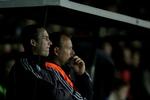 Brøndbys hollanske træner René Meulensteen ser mellemfornøjet til under kampen mod AaB. 