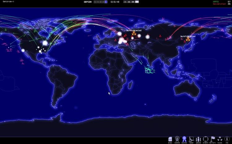 Grafikken i det simple, men vanedannende 'Defcon' er voldsomt inspireret af filmen 'Wargames', hvor alverdens nationer bekriger hinanden i atomkrig. 