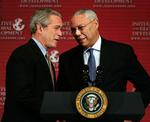 USA's tidligere udenrigsminister Colin Powell (th.) mener, at USA's præsident, George W. Bush, skal række hånden ud muslimer. 