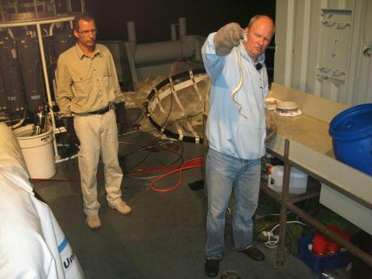 Arne Redsted Rasmussen holder en af de tre havslanger han og kollegaen Anders Hay-Schmidt fangede i aftes. Foto. Daniel Bergsagel 