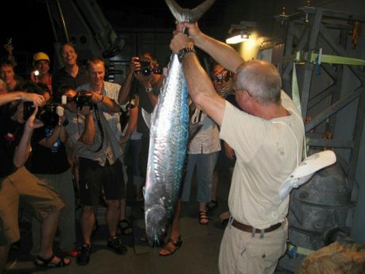 Erik Frausing viser stolt sin fisk frem til Vædderens besætning. Det er den første der er fanget på krog mellem Cape Town og Perth. Foto: Daniel Bergsagel 