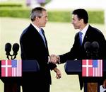 USA's præsident George W. Bush ses her under et besøg hos Anders Fogh Rasmussen i Danmark i 2005. 