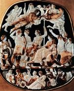 Anegalleri. Man skulle passe på sig selv i den kejserlige familie. Her ser kejser Augustus til fra himlen, mens hans arvtager Tiberius (i midten) modtager den populære Germanicus, der blev giftmyrdet som 33-årig. Illustration fra Tiberius. 