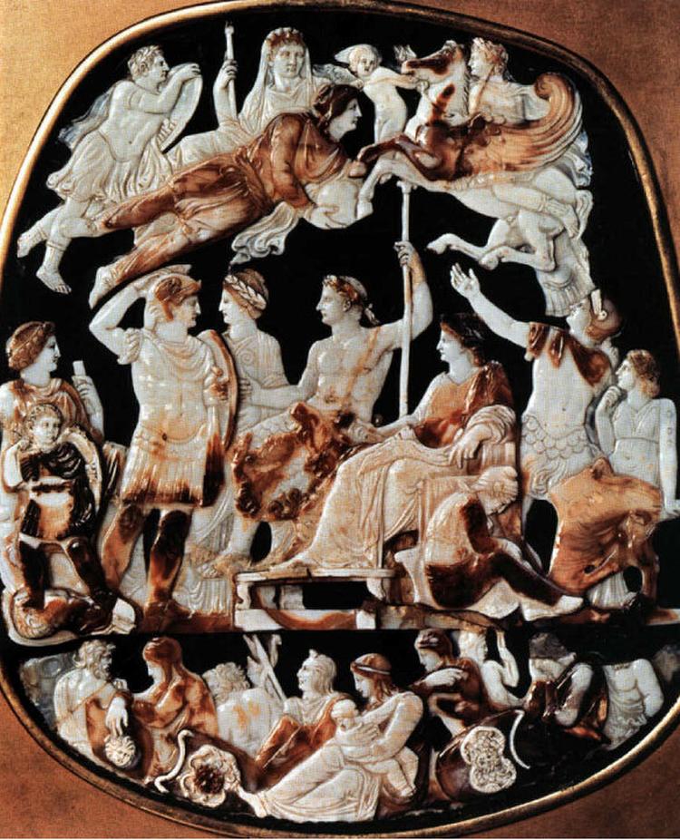 Anegalleri. Man skulle passe på sig selv i den kejserlige familie. Her ser kejser Augustus til fra himlen, mens hans arvtager Tiberius (i midten) modtager den populære Germanicus, der blev giftmyrdet som 33-årig. Illustration fra Tiberius. 