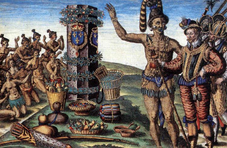 Misvisende. Bogen er uheldigt illustreret med stik af Theodore de Bry fra slutningen af 1500-tallet. De har intet med Columbus at gøre, men viser den europæiske fantasi om de vilde for fri udblæsning. Illustration fra bogen 