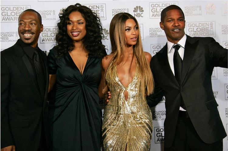 'DreamGirls' tog hele tre priser - bedste komedie/musical samt bedste både kvindelige og mandlige birolle, der gik til henholdsvis Jennifer Hudson og Eddie Murphy. Her står de vindere sammen med Beyonce Knowles and Jamie Foxx. 