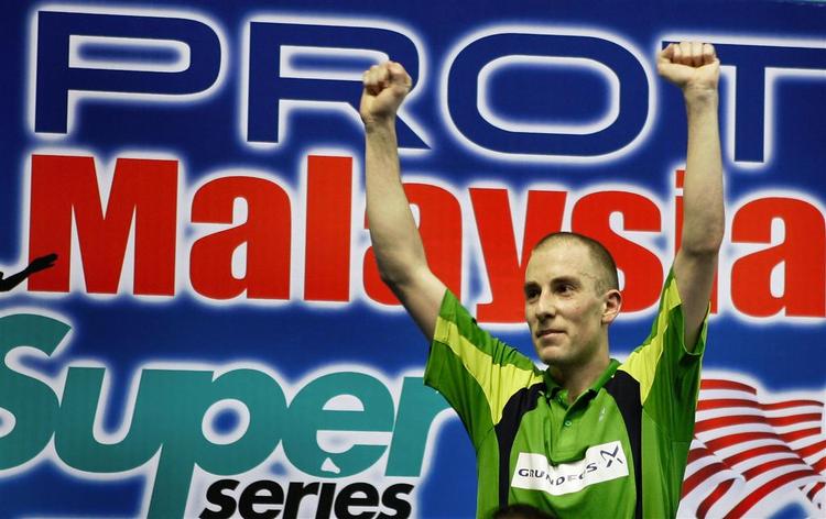 Peter Gade jubler efter at have vundet Malaysia Open efter en sejr i finalen mod Bao Chunlai fra Kina. 