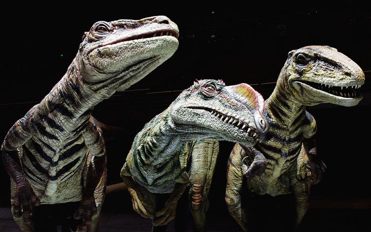 En animeret lilliensternus omgivet af to utahraptorer. Forskning fastslår nu, at det var en ændring i klimaet, der over en længere periode dræbte de store forhistoriske dyr. 