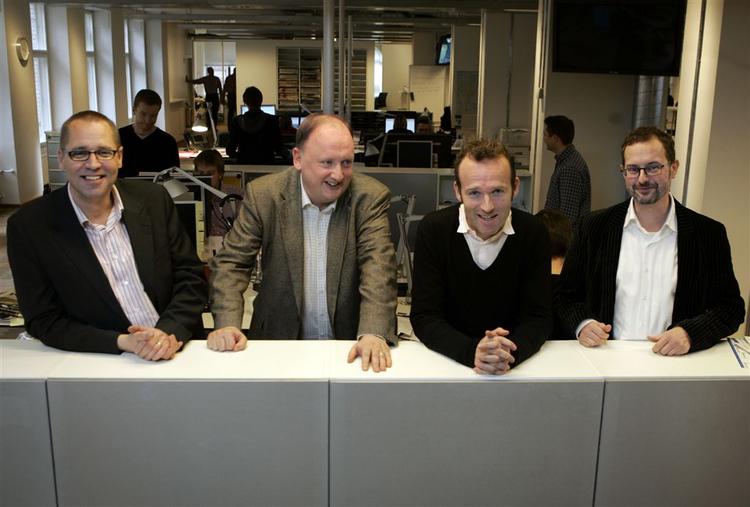 Sådan ser Politikens ledelse ud fra 1. maj. Fra venstre ledende redaktionschef Jesper Friis, ansvarshavende chefredaktør Tøger Seidenfaden, chefredaktør Stig Ørskov og administrativ redaktionschef Claus Skovhus. 