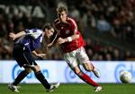 Nicklas Bendtner (til højre) i den første EM kvalifikationskamp mellem Danmark og Nordirland, der blev afviklet i Parken i København i oktober sidste år. Kampen endte 0-0. 