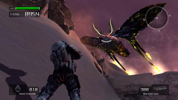 'Lost Planet' er hektisk action, der specielt imponerer med sine store åbne baner og kæmpe monstre som her, hvor endnu et insektkryb angriber fra oven. 