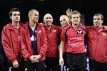 Peter Sartz (yderst th.) med de spillere, der udgjorde truppen, da Danmark blev europamester i Århus for to år siden: Martin Monrad, Michael Maze, Allan Bentsen, Christopher Petersen og Finn Tugwell. 