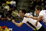 Den danske herredouble i fuld koncentration under dagens finale i Swiss Open. 
