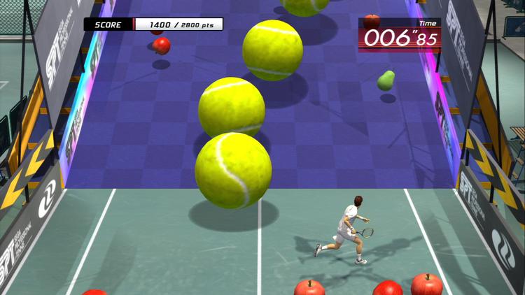 'Virtua Tennis 3' nærmer sig det fotorealistiske, men med plads til udskejelser. Som dette minispil, hvor man skal samle æbler og undgå tennisboldene. 