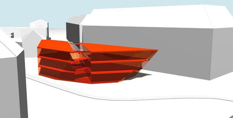 Det nye kulturhus på Nørrebro (den røde bygning) skal ligge foran Nørrebrohallen ud mod Nørrebrogade. 