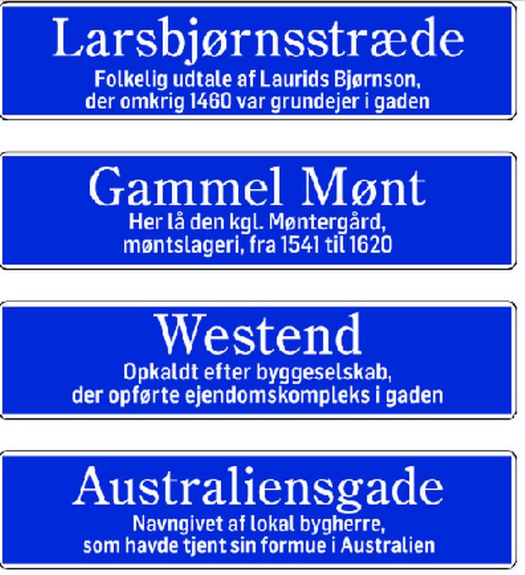 Sådan kan det komme til at se ud, når gadeskiltene får knyttet historien til navnet. 