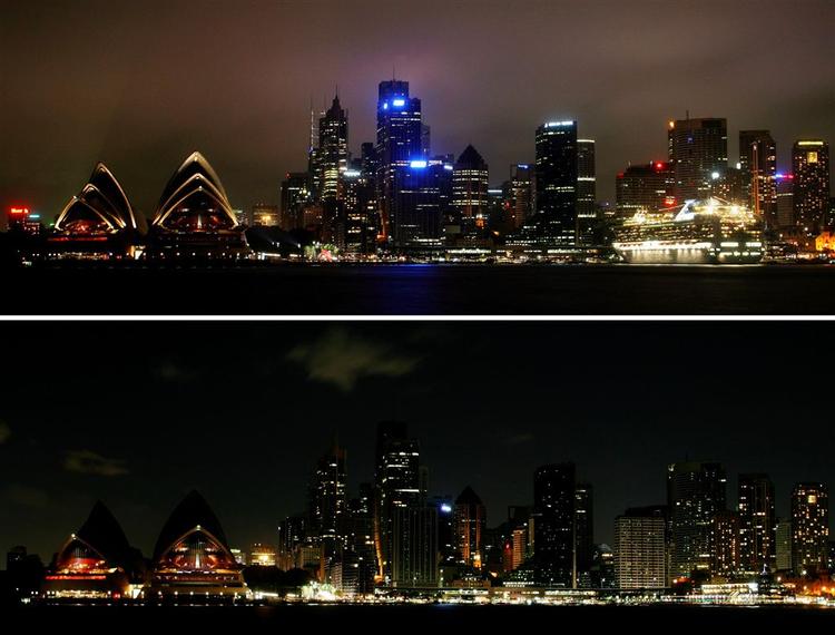 Havnefronten i Sydney før og efter at lysene blev slukket 